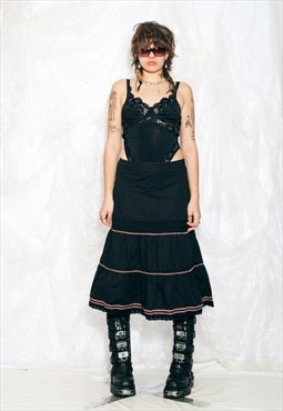 Vintage Y2K Maxi Skirt in Black Tiered Cotton