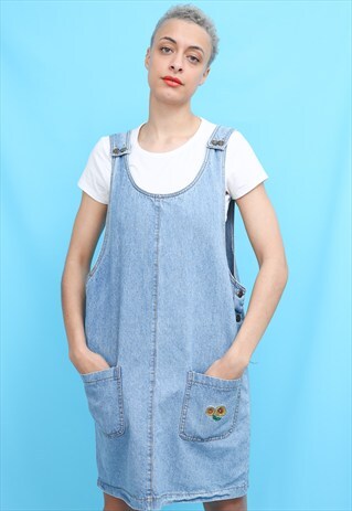90S VINTAGE FLOWER DENIM MINI DUNGAREE DRESS