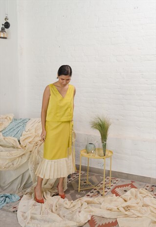 LIME YELLOW AND IVORY CHANDERI WRAP-AROUND PLEAT SKIRT