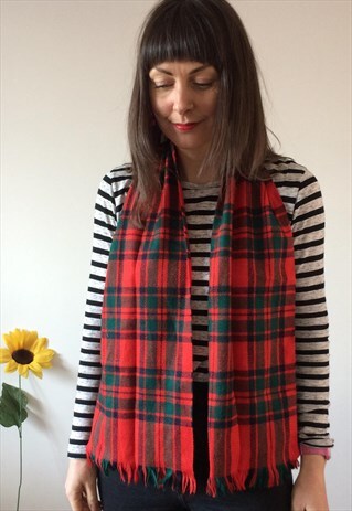 VINTAGE RED & GREEN WOOL TARTAN SCARF