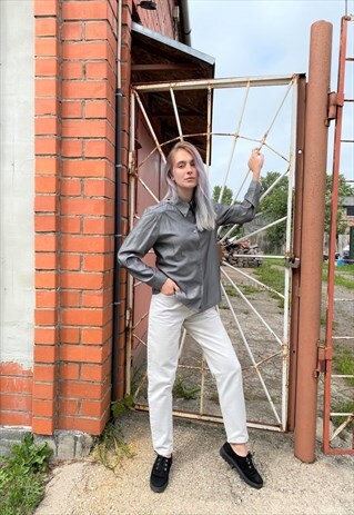 VINTAGE 90S SILVER GREY BOTTON FRONT LONG SLEEVE BLOUSE