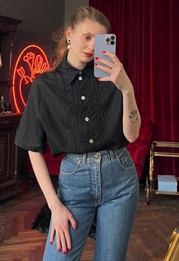 Short Sleeve Black Linen Shirt with Embroidery