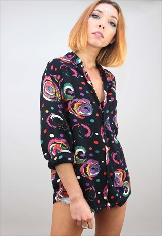 VINTAGE OVERSIZED LONG SLEEVE PATTERNED BLOUSE