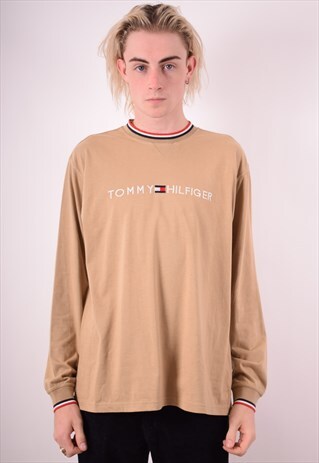TOMMY HILFIGER MENS VINTAGE TOP LONG SLEEVE LARGE BROWN 90S