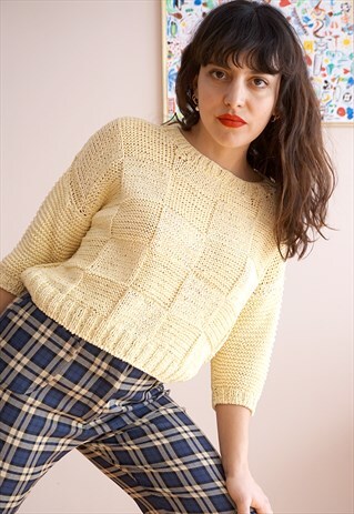 VINTAGE HANDMADE KNITTED COTTON YELLOW CROCHET CROP TOP