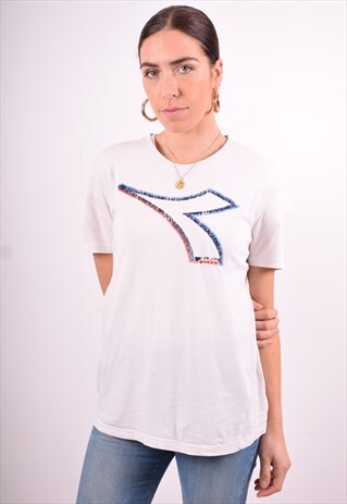 DIADORA WOMENS VINTAGE T-SHIRT TOP SMALL WHITE 90'S