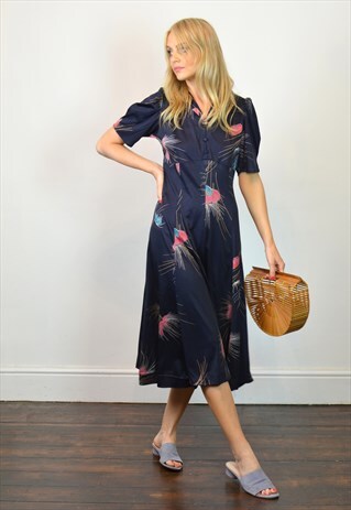 VINTAGE 70S NAVY PATTERN SUMMER MIDI DRESS