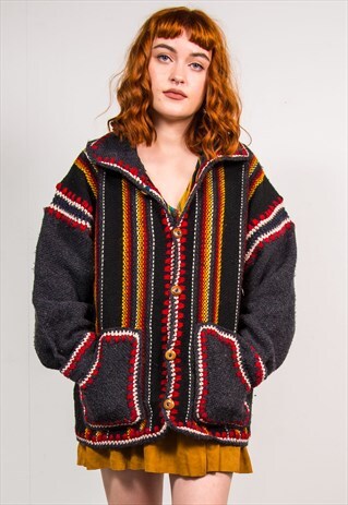 VINTAGE 70'S MULTICOLOUR STRIPED HIPPIE BAJA JACKET COAT