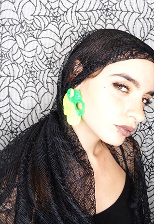 NEON GREEN TWO TONE OVERSIZED SKULL EARRINGS.