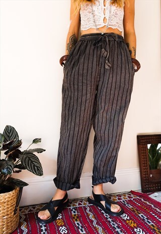 FAIRTRADE BLACK STRONEWASHED STRIPED DRAWSTRING TROUSERS