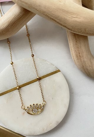 GOLD EVIL EYE DIAMANTE DAINTY PENDANT NECKLACE