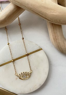 Gold Evil Eye Diamante Dainty Pendant Necklace