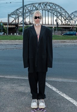 90's Vintage oversized pinstripe trousers suit in black