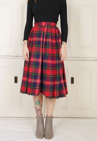 VINTAGE MIDI WOOL TARTAN RED SKIRT