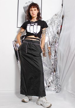 90s grunge y2k goth techno black nylon cargo maxi skirt