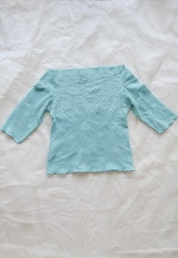 y2k turquoise floral lace off shoulder top