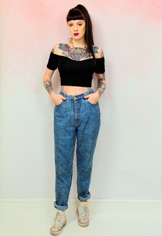 1990S VINTAGE HIGH WAIST DARK BLUE ACID WASH MOM JEANS