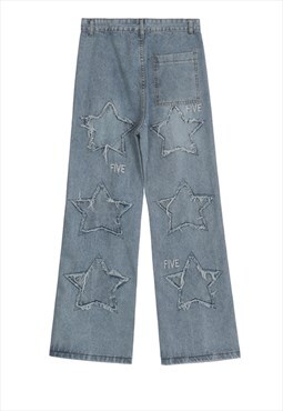 Blue Washed Denim Embroidered Relaxed Fit Jeans Pants Y2k