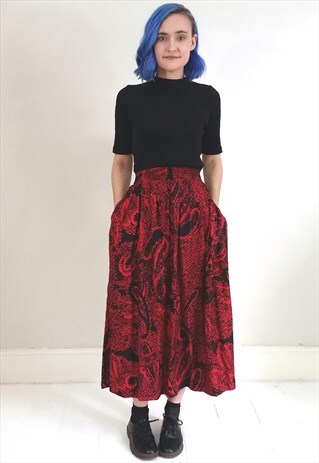 VINTAGE 90'S RED AND BLACK MIDI SKIRT WITH POCKETS