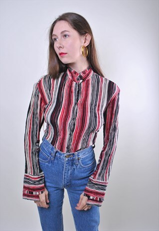 80S STRIPED VINTAGE WOMEN MULTICOLOR LONG SLEEVE BLOUSE