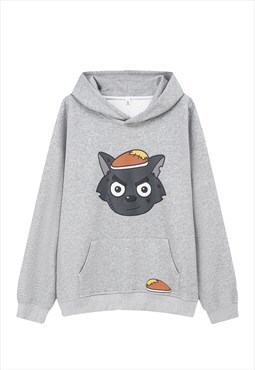 Cartoon hoodie animal print pullover anime top in grey