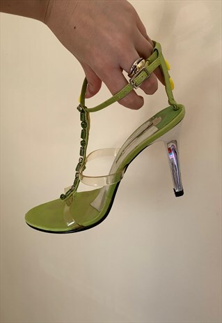 VINTAGE Y2K GREEN T-BAR NINE WEST HEELS SHOES DIAMANTE