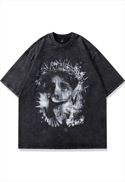 Saint t-shirt punk religion tee retro punk top in acid black