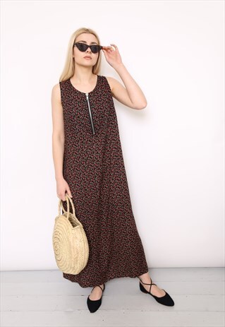 VINTAGE 90S BLACK RED FLORAL PRINT MIDI DRESS