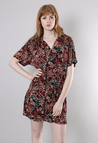 VINTAGE 90S RED BAGGY PATTERNED BUTTON FESTIVAL DRESS