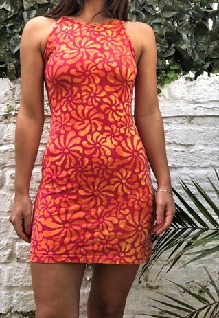 VINTAGE 80S ORANGE AND YELLOW FESTIVAL MINI DRESS