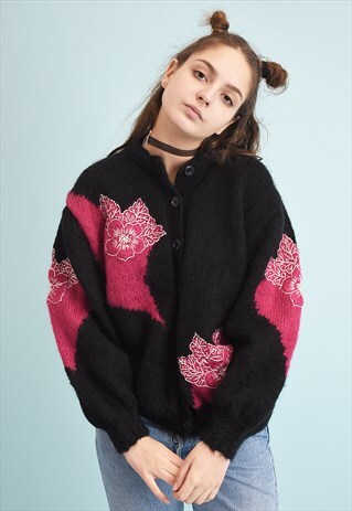 80'S RETRO FLORAL EMBROIDERED MOMS KNIT OVERSIZED CARDIGAN