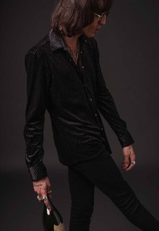 MENS BLACK SILVER POLKADOT SKULL BUTTON SHIRT