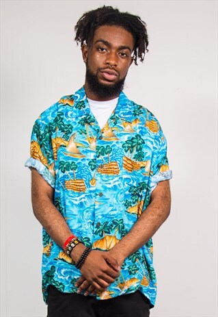 90'S VINTAGE BLUE HAWAIIAN ISLAND OPEN COLLAR SHIRT