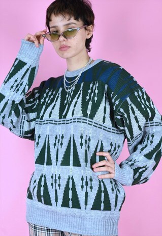VINTAGE 90S KNIT JUMPER GRAPHIC PATTERN GREY GREEN BLUE