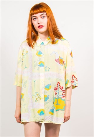 VINTAGE 90'S YELLOW HORSE PATTERN SHORT SLEEVE SHIRT