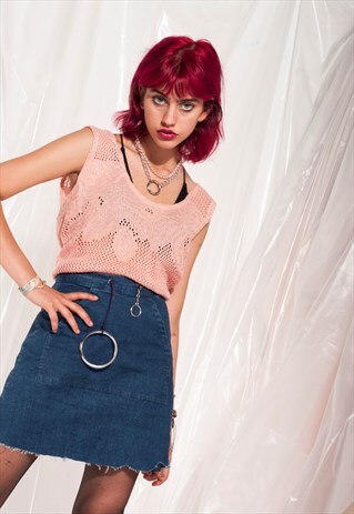 VINTAGE KNIT TOP 90S PASTEL PINK LACE CROCHETED CROP TOP