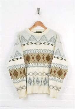 Vintage Knitted Jumper 80s Pattern Cream/Blue Small