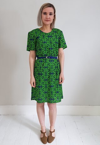VINTAGE 80'S GREEN AND BLUE LEAF PRINT SHIFT DRESS