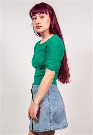 VINTAGE 70'S GREEN KNIT RIBBED SPOT PRINT TOP
