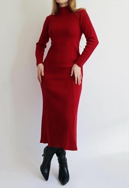 Vintage 80s Cherry Red Knitted Roll Neck Maxi Dress