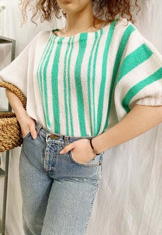 VINTAGE 80S MOD BOHEME CHUNKY KNIT MINT WHITE JUMPER SWEATER