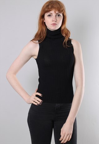VINTAGE 90S RIBBED KNIT SLEEVELESS POLO TURTLE NECK TOP