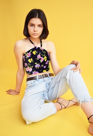 90'S RETRO BOHO FESTIVAL FLORAL VELVET HALTER CROP TOP