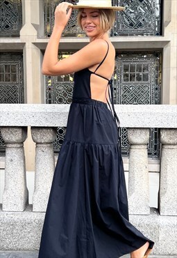 Backless Strappy Tiered Poplin Maxi Dress in Black Color