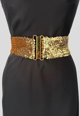 70's Vintage Ladies Belt Gold Sequin Stretchy Disco Belt