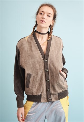 90'S RETRO REAL SUEDE DETAILED DAD KNIT CARDIGAN JACKET
