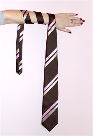 90S VINTAGE BROWN WITH STRIPE PATTERN WORK OCCASION TIE
