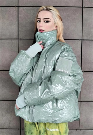 SHINY PLASTIC CROP BOMBER QUILTED PUFFER JACKET PASTEL GREEN
