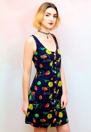 1990S VINTAGE STRAWBERRY AND FLORAL PRINT MINI DRESS