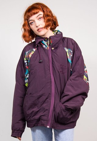 VINTAGE 90'S DARK PURPLE PATTERN PANEL PADDED SKI COAT